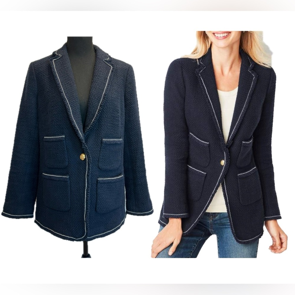 Talbots navy blue white trim tweed single breasted blazer jacket Sz 10